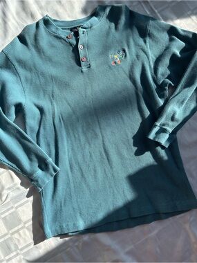 Luna Pier Teal Waffle Knit Henley Style Shirt with Embroidered “Wolf” Detail